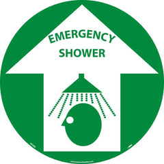 NMC - Adhesive Backed Floor Signs; Message Type: First Aid ; Graphic Type: Head under Shower in Up Arrow ; Message or Graphic: Message & Graphic ; Legend: Emergency Shower ; Color: Green; White ; Special Color Properties: No Special Properties - Exact Tooling