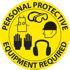 NMC - Adhesive Backed Floor Signs; Message Type: Accident Prevention ; Graphic Type: Ear Protection, Gloves, Goggles, Hard Hat, Safety Glasses ; Message or Graphic: Message & Graphic ; Legend: Personal Protective Equipment Required ; Color: Yellow; Black - Exact Tooling