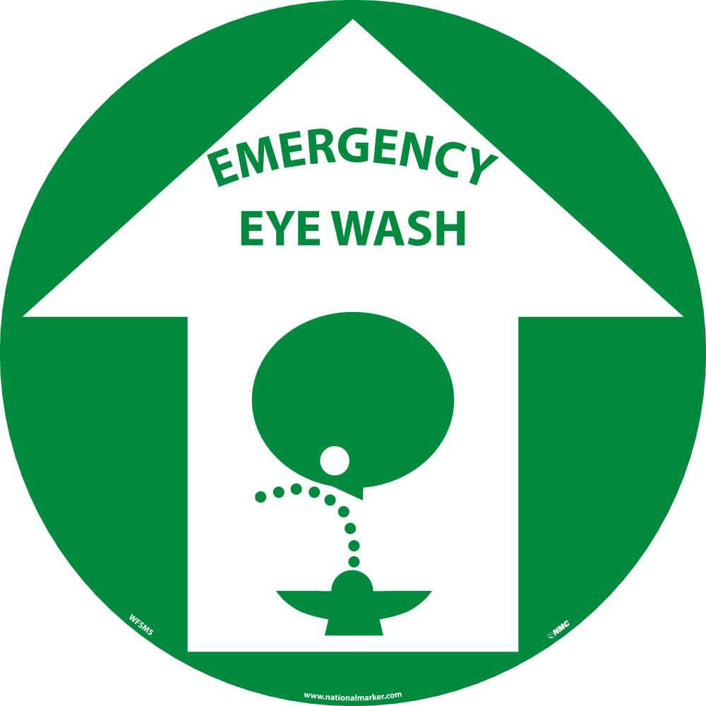 NMC - Adhesive Backed Floor Signs; Message Type: Restroom, Janitorial & Housekeeping ; Graphic Type: Head over Eye Wash ; Message or Graphic: Message & Graphic ; Legend: Emergency Eyewash ; Color: Green; White ; Special Color Properties: No Special Prope - Exact Tooling