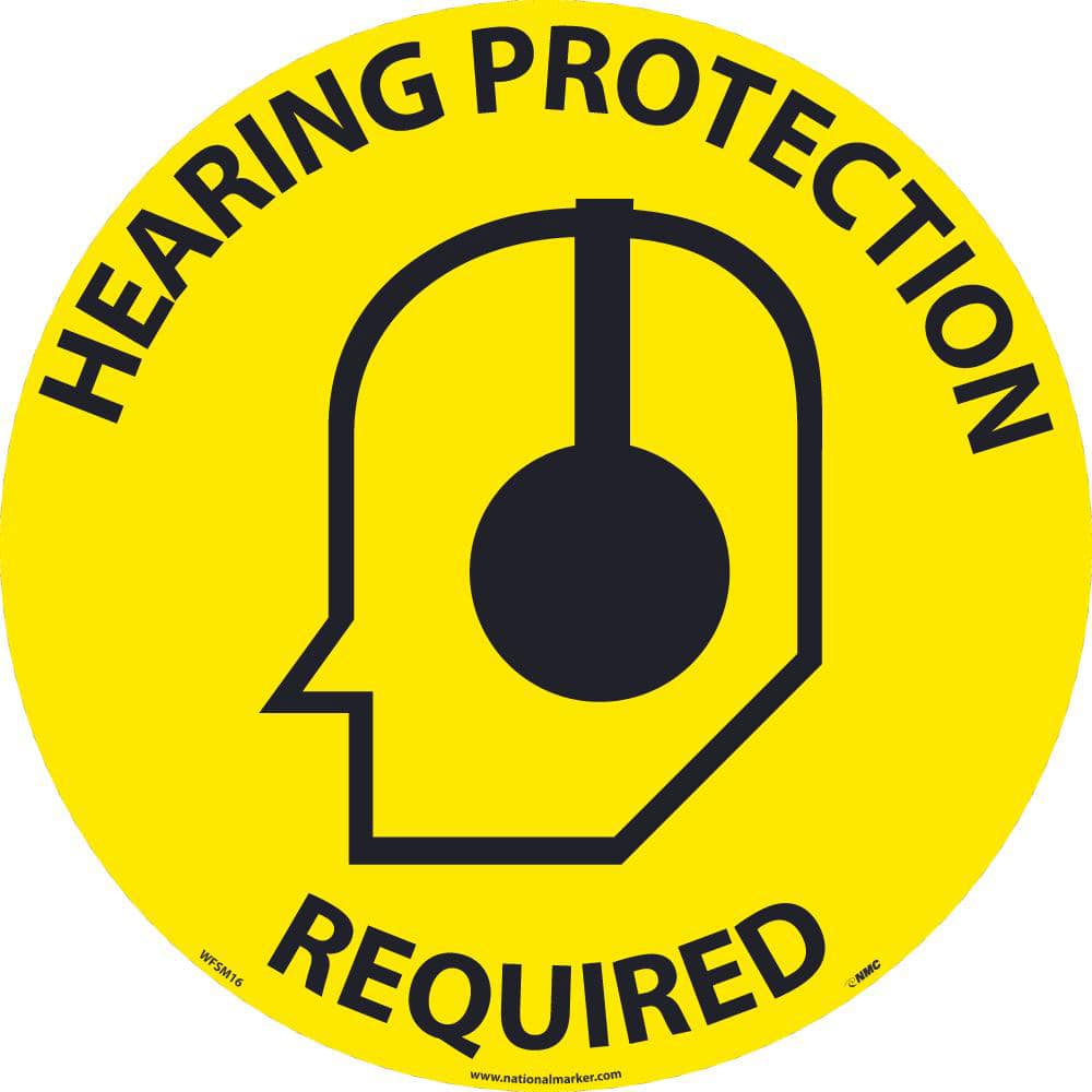 NMC - Adhesive Backed Floor Signs; Message Type: Restroom, Janitorial & Housekeeping ; Graphic Type: Head w/ Earmuffs ; Message or Graphic: Message & Graphic ; Legend: Hearing Protection Required ; Color: Black; Yellow ; Special Color Properties: No Spec - Exact Tooling