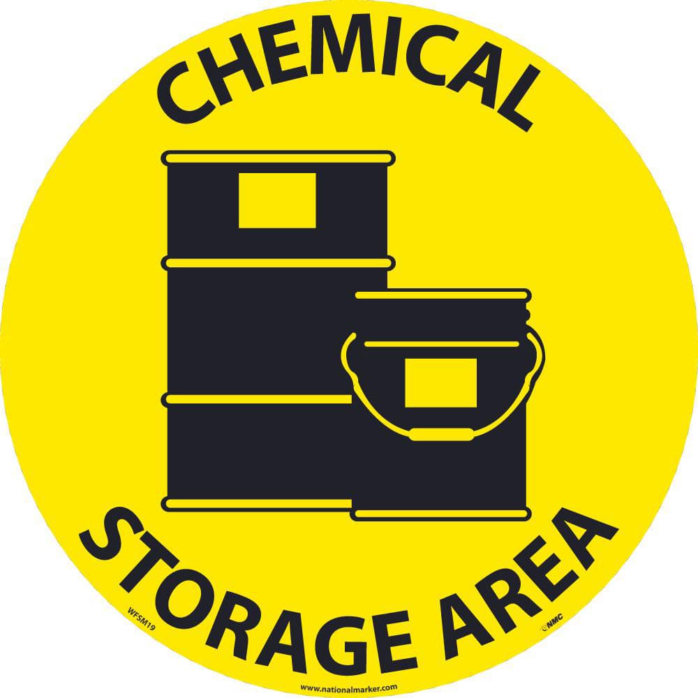 NMC - Adhesive Backed Floor Signs; Message Type: Hazardous Materials ; Graphic Type: Storage Drums ; Message or Graphic: Message & Graphic ; Legend: Chemical Storage Area ; Color: Black; Yellow ; Special Color Properties: No Special Properties - Exact Tooling
