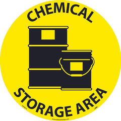 NMC - Adhesive Backed Floor Signs; Message Type: Hazardous Materials ; Graphic Type: Storage Drums ; Message or Graphic: Message & Graphic ; Legend: Chemical Storage Area ; Color: Black; Yellow ; Special Color Properties: No Special Properties - Exact Tooling