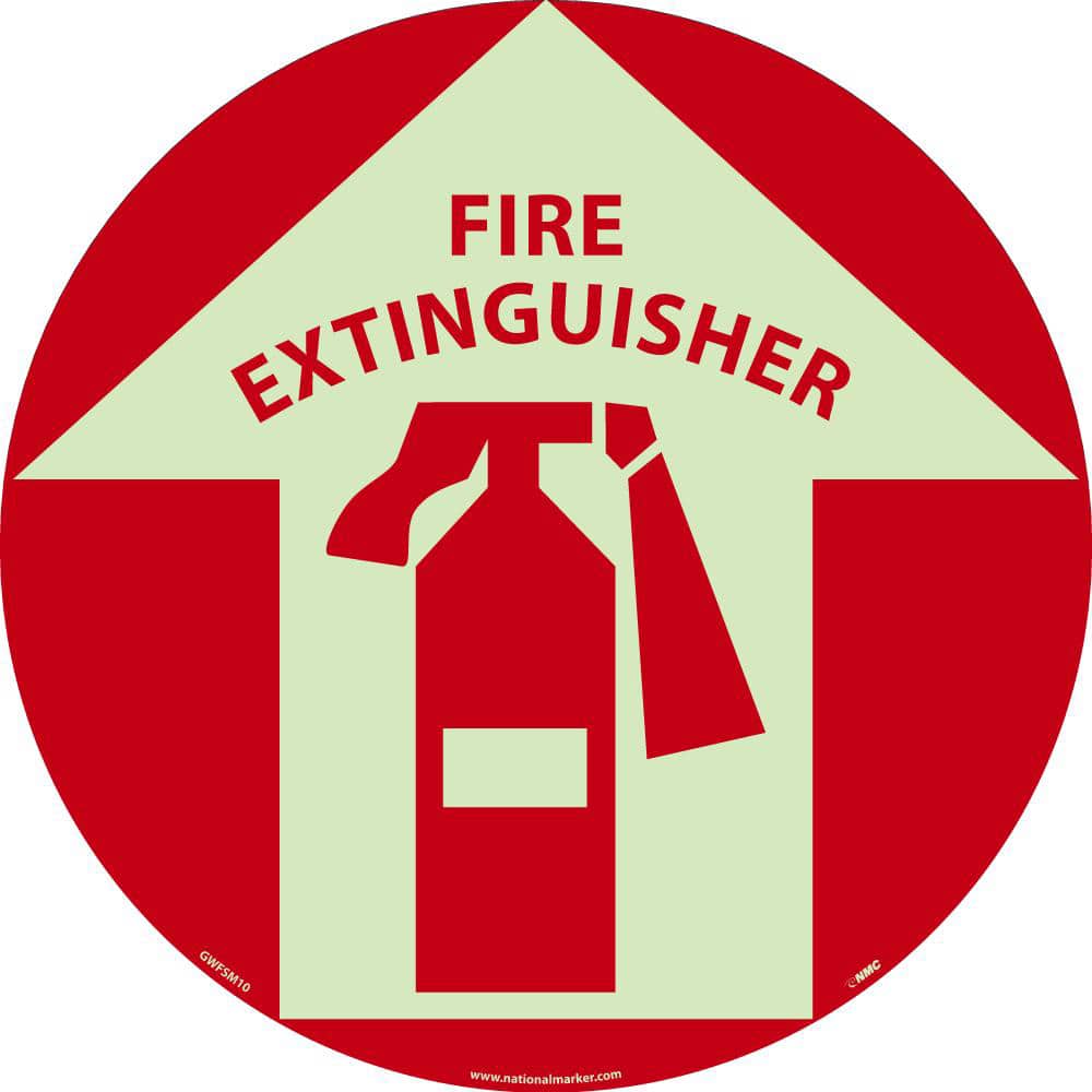 NMC - Adhesive Backed Floor Signs; Message Type: Fire ; Graphic Type: Fire Extinguisher in Up Arrow ; Message or Graphic: Message & Graphic ; Legend: Fire Extinguisher W/Arrow ; Color: Red on Glow ; Special Color Properties: Glow-In-The-Dark - Exact Tooling