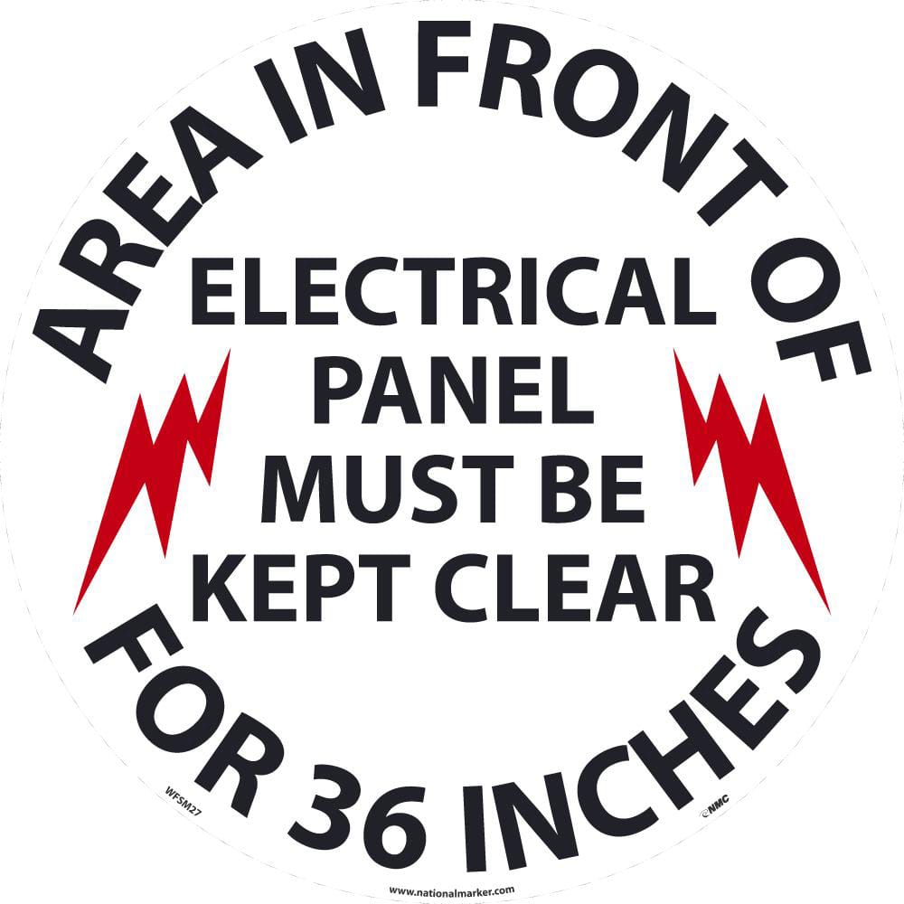 NMC - Adhesive Backed Floor Signs; Message Type: Accident Prevention ; Graphic Type: Arc Flash ; Message or Graphic: Message & Graphic ; Legend: Area In Front Of Electrical Panel Must Be Kept Clear for 36 Inches ; Color: Black; Red; White ; Special Color - Exact Tooling