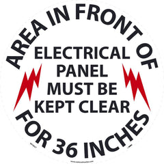 NMC - Adhesive Backed Floor Signs; Message Type: Accident Prevention ; Graphic Type: Arc Flash ; Message or Graphic: Message & Graphic ; Legend: Area In Front Of Electrical Panel Must Be Kept Clear for 36 Inches ; Color: Black; Red; White ; Special Color - Exact Tooling