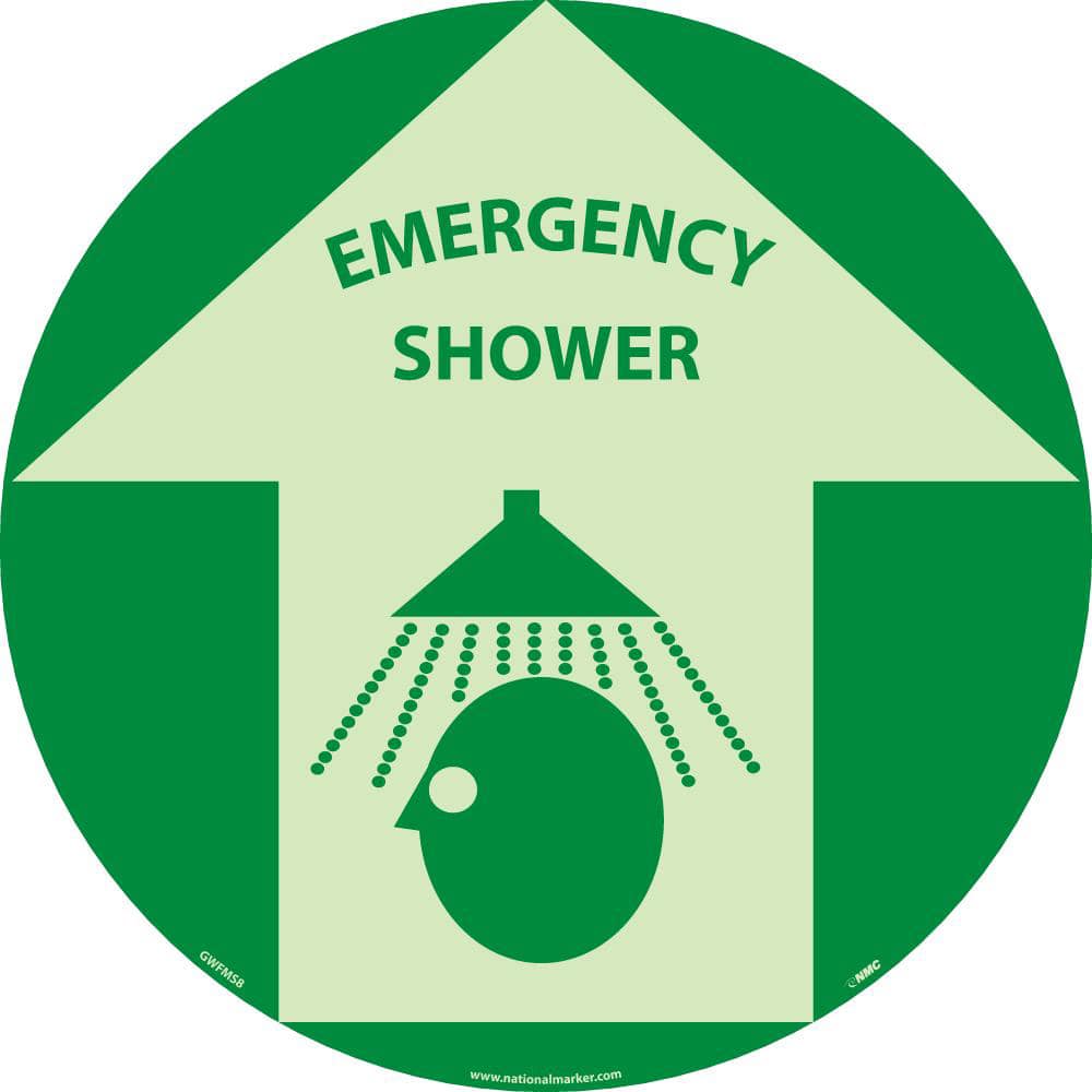NMC - Adhesive Backed Floor Signs; Message Type: First Aid ; Graphic Type: Head under Shower in Up Arrow ; Message or Graphic: Message & Graphic ; Legend: Emergency Shower ; Color: Green; Beige ; Special Color Properties: Glow-In-The-Dark - Exact Tooling