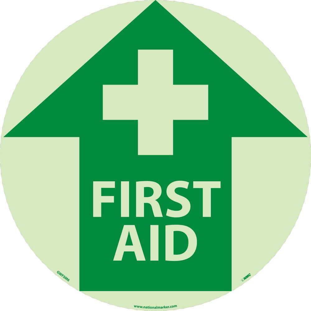 NMC - Adhesive Backed Floor Signs; Message Type: First Aid ; Graphic Type: Cross in Up Arrow ; Message or Graphic: Message & Graphic ; Legend: First Aid ; Color: Green; White ; Special Color Properties: Glow-In-The-Dark - Exact Tooling