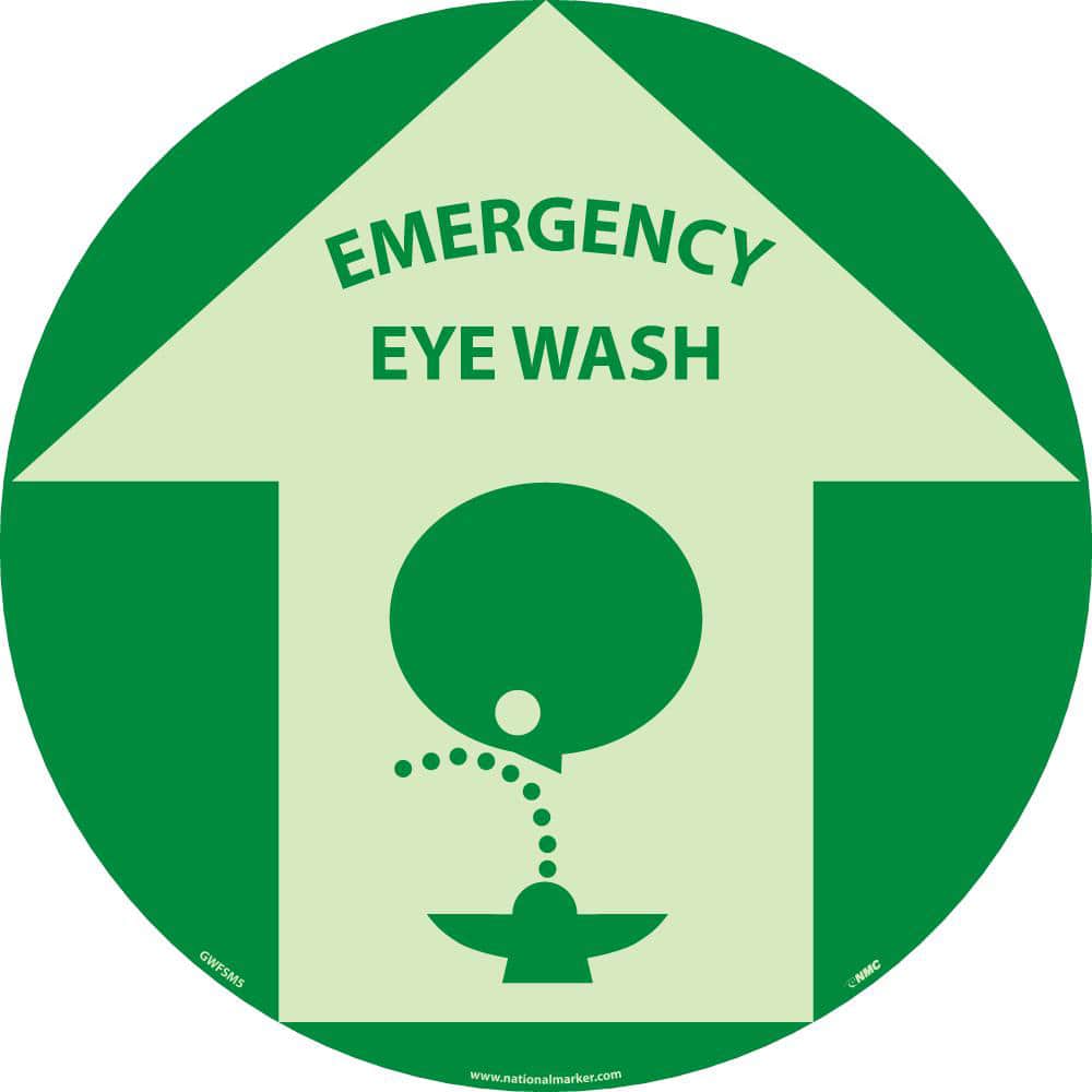 NMC - Adhesive Backed Floor Signs; Message Type: Restroom, Janitorial & Housekeeping ; Graphic Type: Head over Eye Wash ; Message or Graphic: Message & Graphic ; Legend: Emergency Eyewash ; Color: Green; Beige ; Special Color Properties: Glow-In-The-Dark - Exact Tooling
