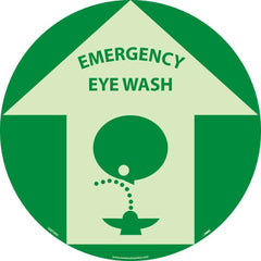 NMC - Adhesive Backed Floor Signs; Message Type: Restroom, Janitorial & Housekeeping ; Graphic Type: Head over Eye Wash ; Message or Graphic: Message & Graphic ; Legend: Emergency Eyewash ; Color: Green; Beige ; Special Color Properties: Glow-In-The-Dark - Exact Tooling