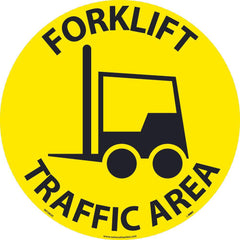 NMC - Adhesive Backed Floor Signs; Message Type: Accident Prevention ; Graphic Type: Truck ; Legend: Forklift Traffic Area ; Color: Black; Yellow ; Special Color Properties: No Special Properties ; Shape: Round - Exact Tooling