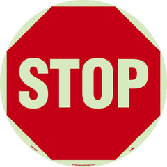 NMC - Adhesive Backed Floor Signs; Message Type: Accident Prevention ; Graphic Type: Stop Sign ; Message or Graphic: Message & Graphic ; Legend: Stop ; Color: Red on Glow ; Special Color Properties: Glow-In-The-Dark - Exact Tooling