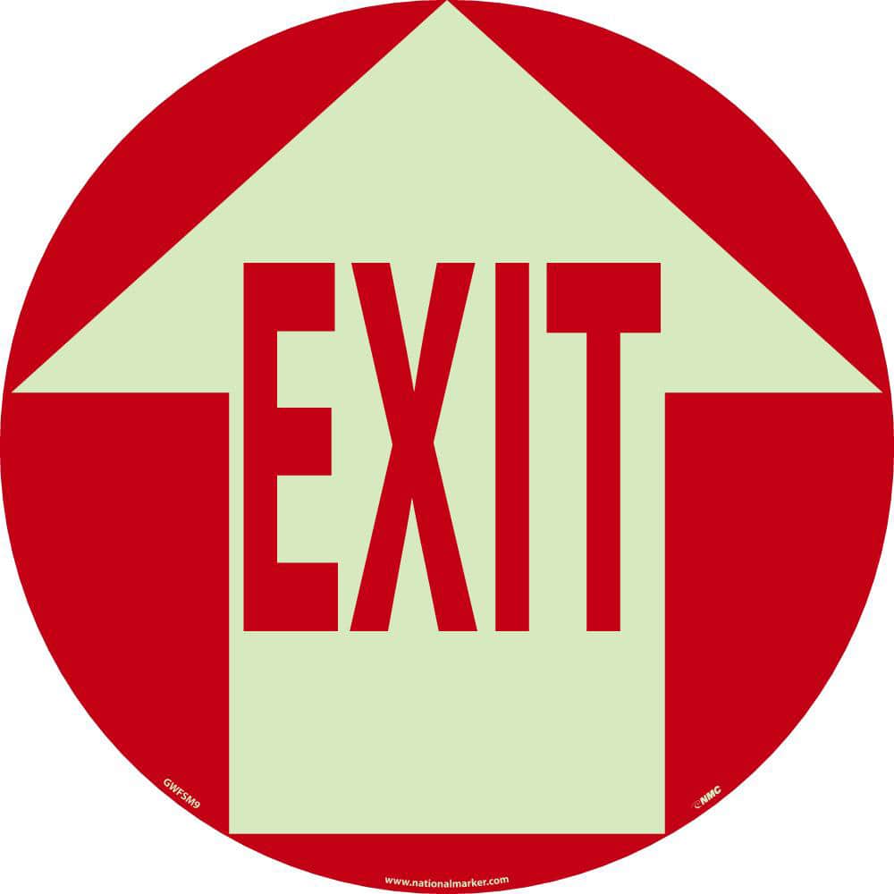 NMC - Adhesive Backed Floor Signs; Message Type: Exit, Entrance & Directional ; Graphic Type: Arrow ; Message or Graphic: Message & Graphic ; Legend: Exit ; Color: Red on Glow ; Special Color Properties: Glow-In-The-Dark - Exact Tooling