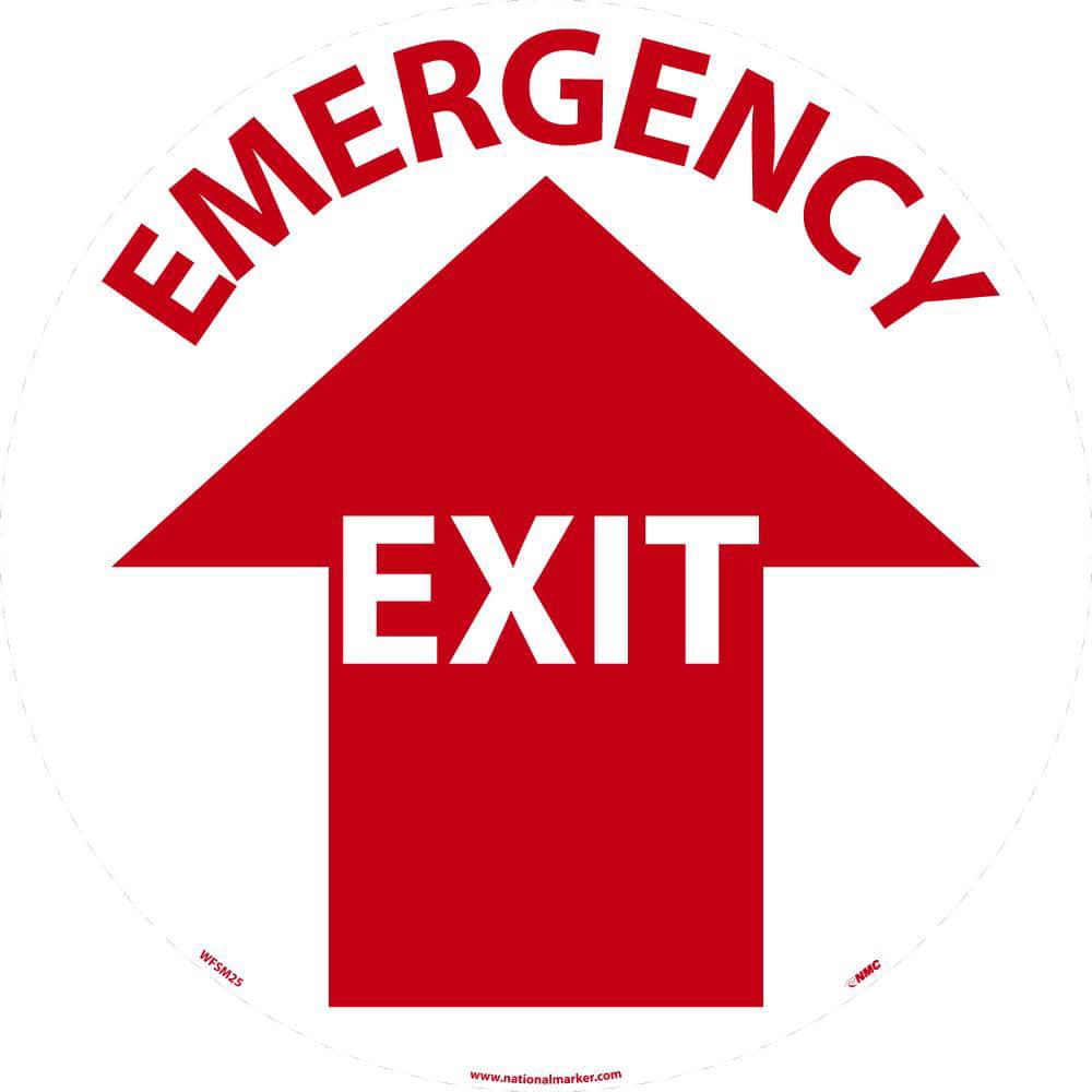NMC - Adhesive Backed Floor Signs; Message Type: Exit, Entrance & Directional ; Graphic Type: Arrow ; Message or Graphic: Message & Graphic ; Legend: Emergency Exit ; Color: Red; White ; Special Color Properties: No Special Properties - Exact Tooling