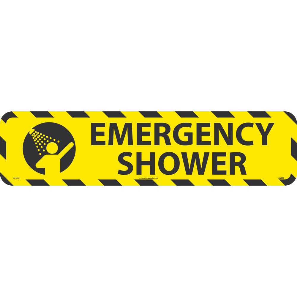 NMC - Adhesive Backed Floor Signs; Message Type: Restroom, Janitorial & Housekeeping ; Graphic Type: Man Showering ; Message or Graphic: Message & Graphic ; Legend: Emergency Shower ; Color: Black; Yellow ; Special Color Properties: No Special Properties - Exact Tooling
