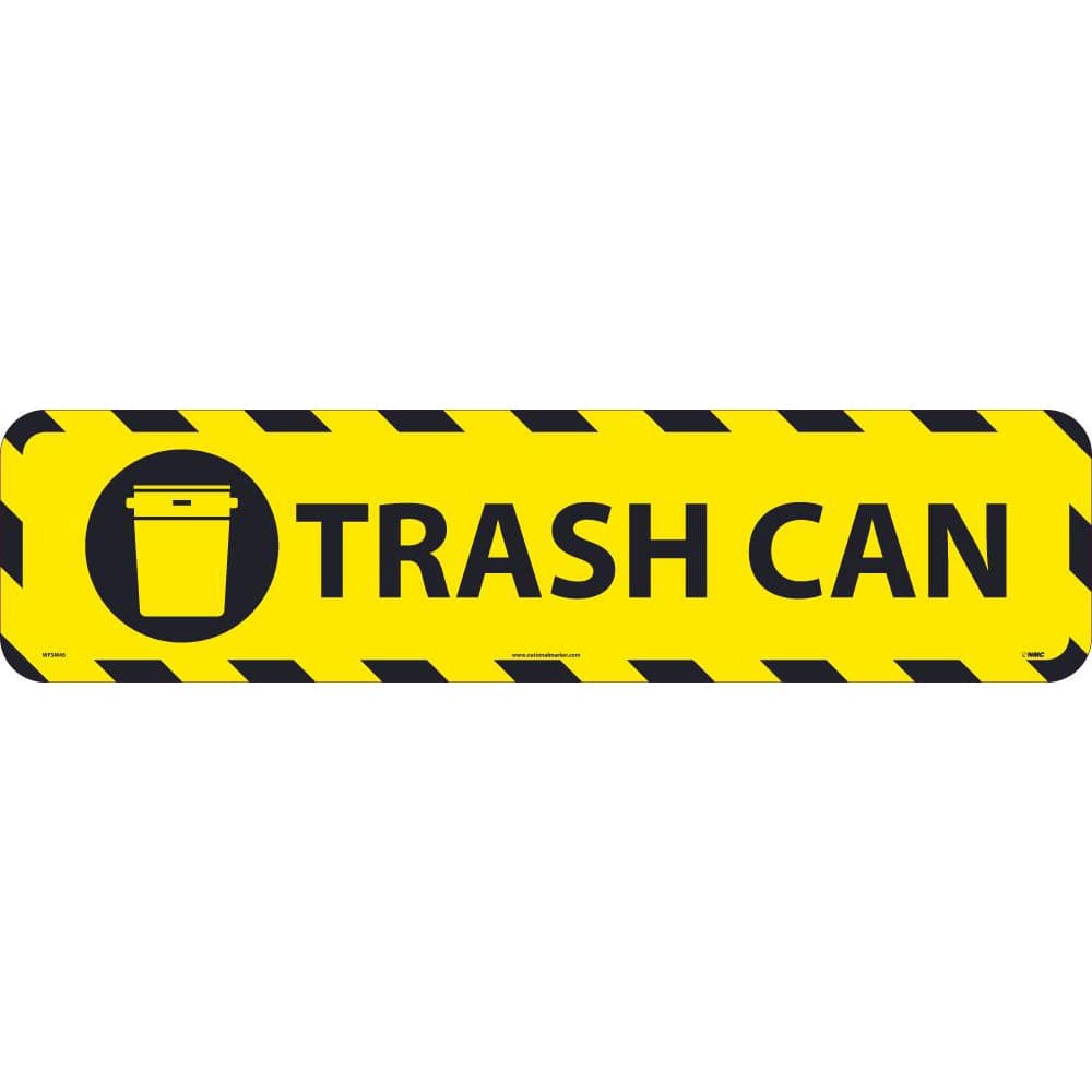NMC - Adhesive Backed Floor Signs; Message Type: Restroom, Janitorial & Housekeeping ; Graphic Type: Trash Can ; Message or Graphic: Message & Graphic ; Legend: Trash Can ; Color: Black; Yellow ; Special Color Properties: No Special Properties - Exact Tooling