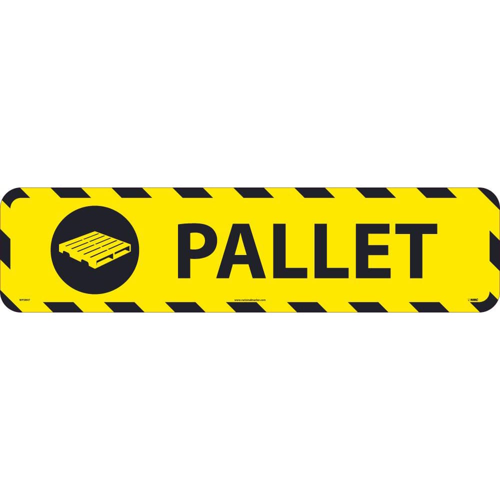 NMC - Adhesive Backed Floor Signs; Message Type: Restroom, Janitorial & Housekeeping ; Graphic Type: Pallet ; Message or Graphic: Message & Graphic ; Legend: Pallet ; Color: Black; Yellow ; Special Color Properties: No Special Properties - Exact Tooling