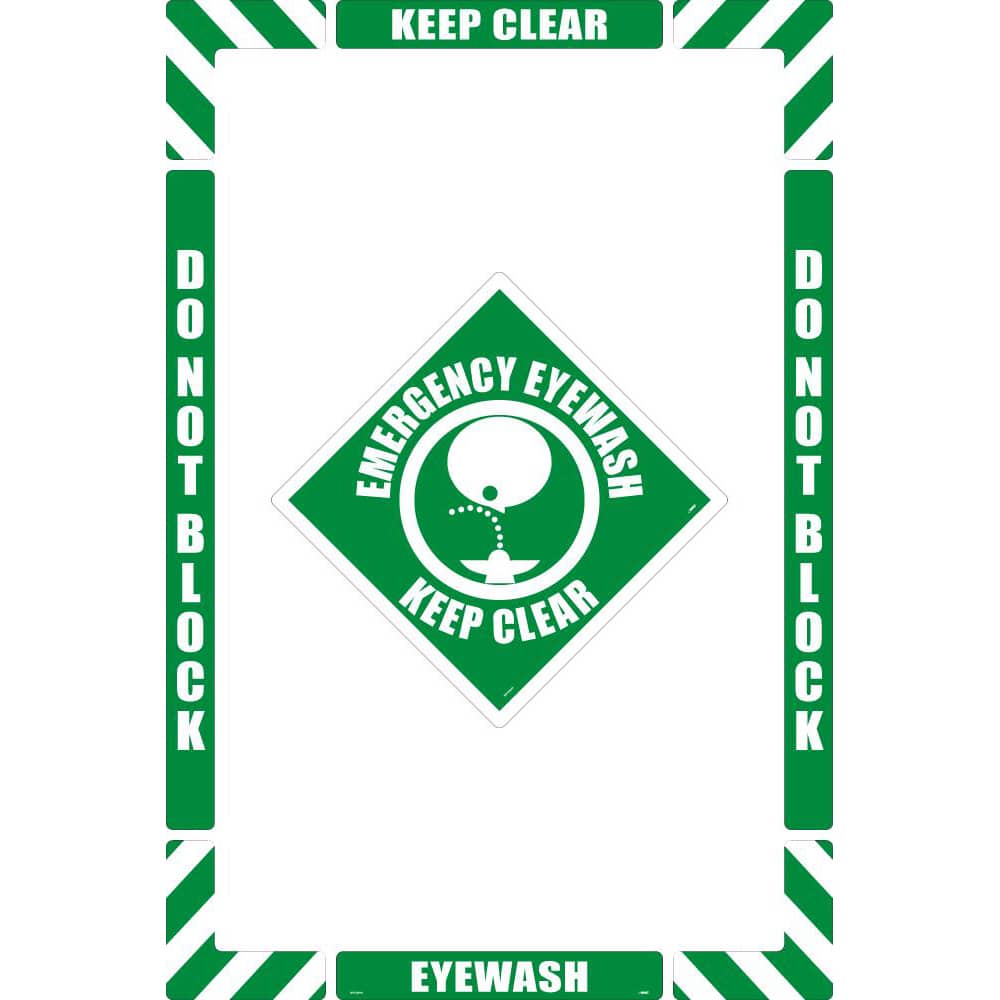 NMC - Adhesive Backed Floor Signs; Message Type: First Aid ; Graphic Type: Head over Eye Wash ; Message or Graphic: Message & Graphic ; Legend: Emergency Eyewash Keep Clear ; Color: Green; White ; Special Color Properties: No Special Properties - Exact Tooling