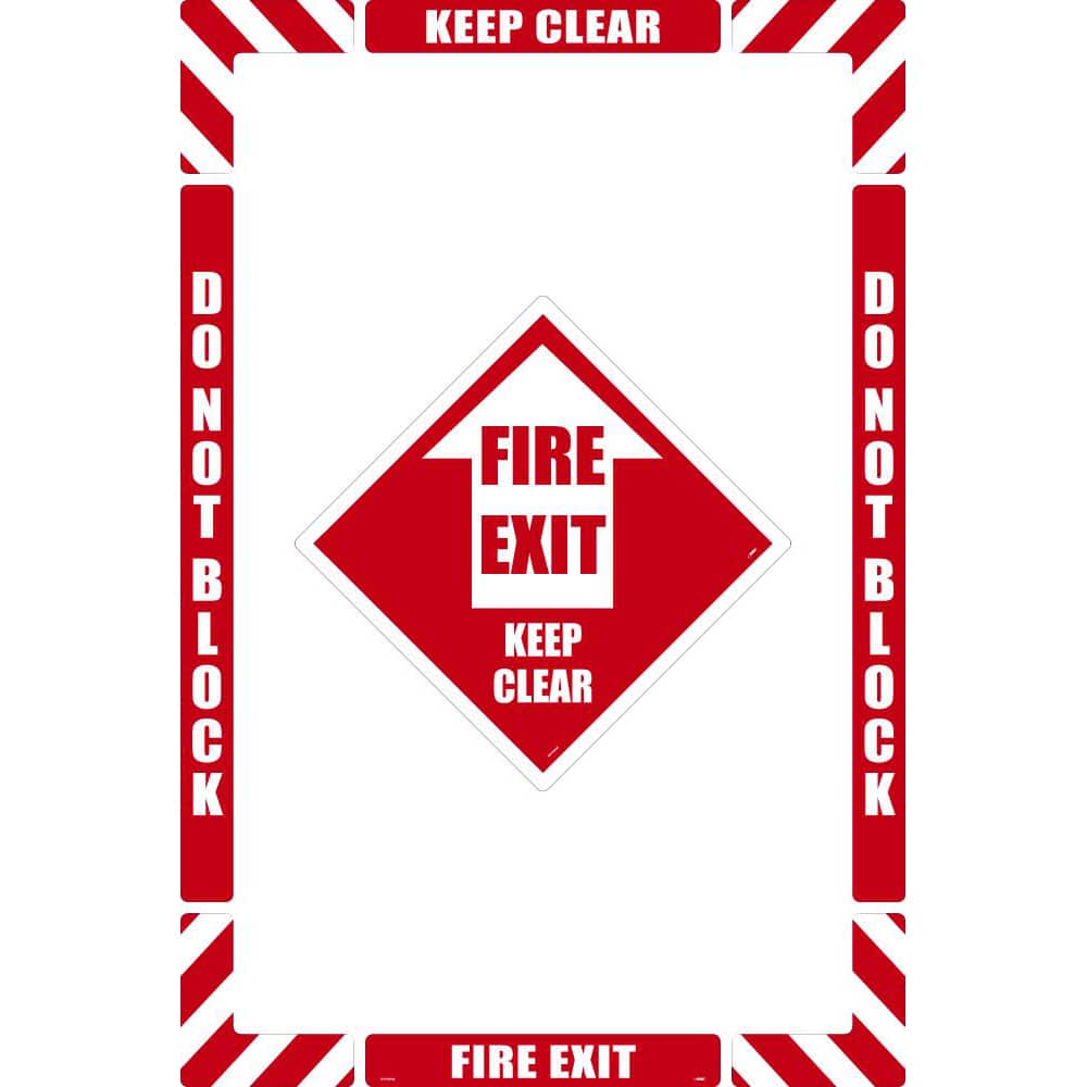 NMC - Adhesive Backed Floor Signs; Message Type: Accident Prevention ; Graphic Type: Arrow ; Message or Graphic: Message & Graphic ; Legend: Fire Exit Keep Clear ; Color: Red; White ; Special Color Properties: No Special Properties - Exact Tooling