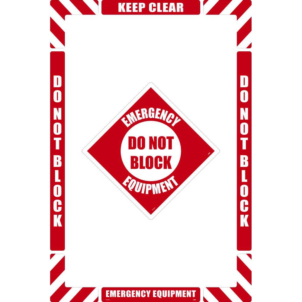 NMC - Adhesive Backed Floor Signs; Message Type: Accident Prevention ; Graphic Type: None ; Message or Graphic: Message Only ; Legend: Emergency Equipment Do Not Block ; Color: Red; White ; Special Color Properties: No Special Properties - Exact Tooling