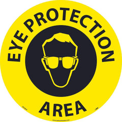 NMC - Adhesive Backed Floor Signs; Message Type: Accident Prevention ; Graphic Type: Head w/Eye Protection ; Message or Graphic: Message & Graphic ; Legend: Eye Protection Area ; Color: Black; Yellow ; Special Color Properties: No Special Properties - Exact Tooling