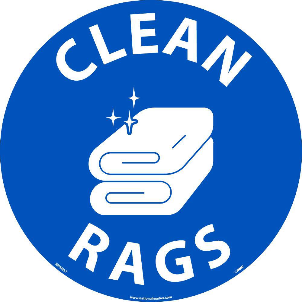 NMC - Adhesive Backed Floor Signs; Message Type: Restroom, Janitorial & Housekeeping ; Graphic Type: Rags ; Message or Graphic: Message & Graphic ; Legend: Clean Rags ; Color: Blue; White ; Special Color Properties: No Special Properties - Exact Tooling