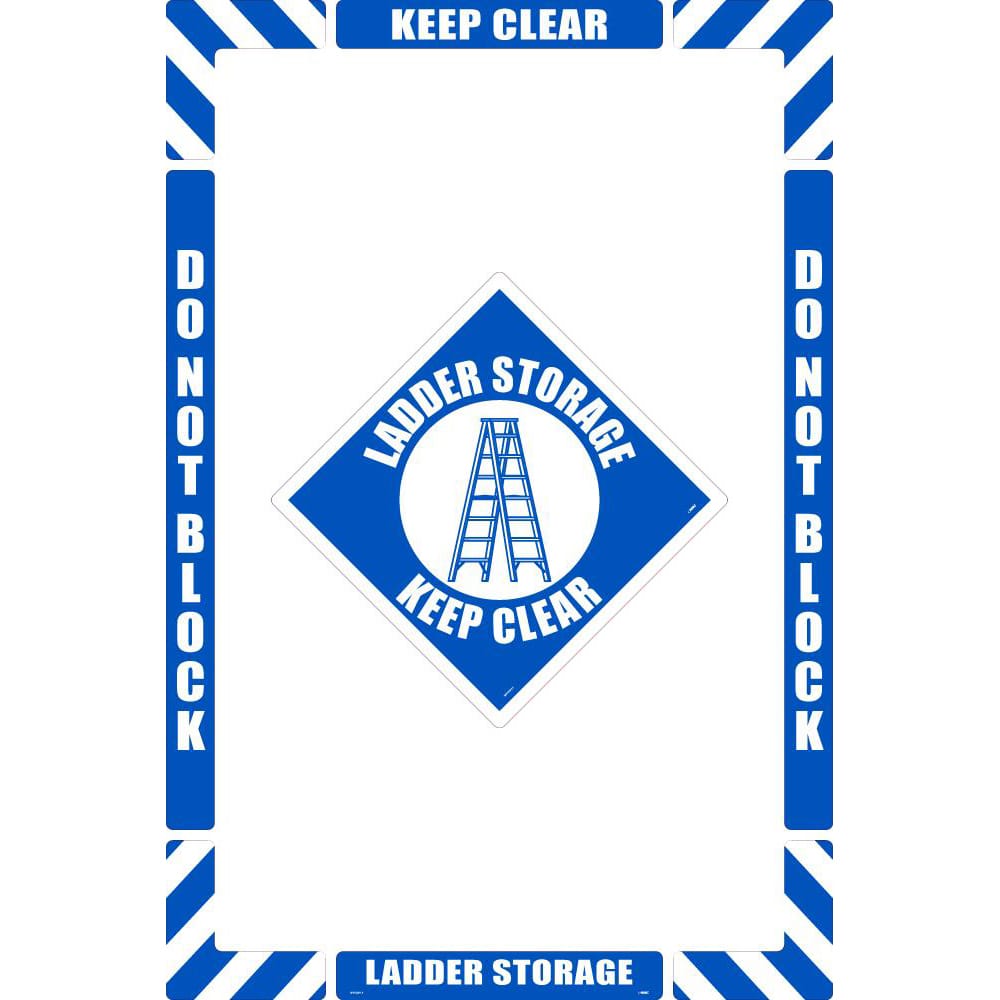 NMC - Adhesive Backed Floor Signs; Message Type: Accident Prevention ; Graphic Type: Ladder ; Message or Graphic: Message & Graphic ; Legend: Ladder Storage Keep Clear ; Color: Blue; White ; Special Color Properties: No Special Properties - Exact Tooling