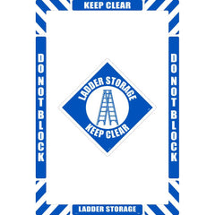 NMC - Adhesive Backed Floor Signs; Message Type: Accident Prevention ; Graphic Type: Ladder ; Message or Graphic: Message & Graphic ; Legend: Ladder Storage Keep Clear ; Color: Blue; White ; Special Color Properties: No Special Properties - Exact Tooling