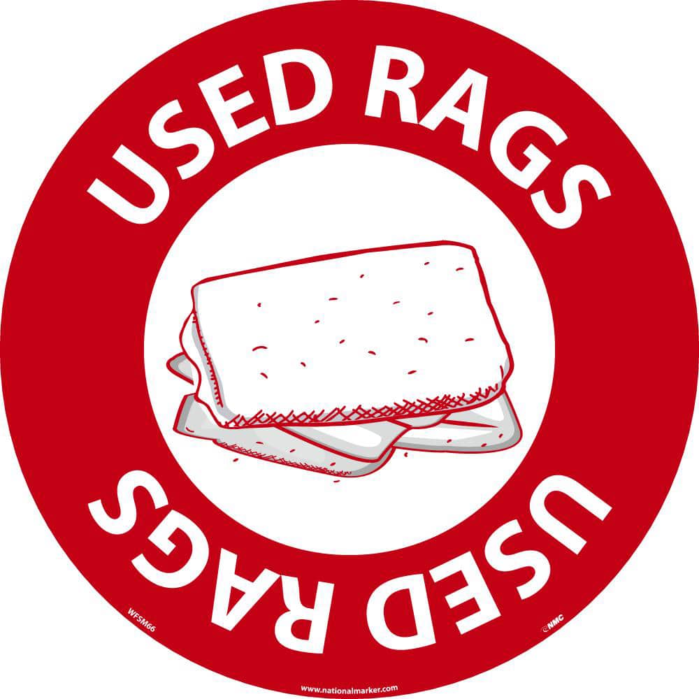 NMC - Adhesive Backed Floor Signs; Message Type: Restroom, Janitorial & Housekeeping ; Graphic Type: Rags ; Message or Graphic: Message & Graphic ; Legend: Used Rags ; Color: Red; White ; Special Color Properties: No Special Properties - Exact Tooling