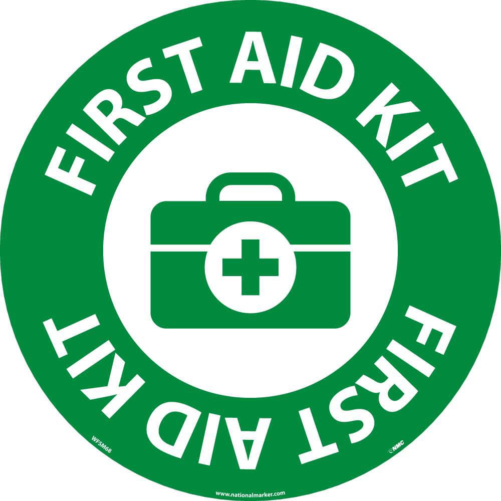 NMC - Adhesive Backed Floor Signs; Message Type: First Aid ; Graphic Type: First Aid Kit ; Message or Graphic: Message & Graphic ; Legend: First Aid Kit ; Color: Green; White ; Special Color Properties: No Special Properties - Exact Tooling