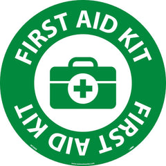 NMC - Adhesive Backed Floor Signs; Message Type: First Aid ; Graphic Type: First Aid Kit ; Message or Graphic: Message & Graphic ; Legend: First Aid Kit ; Color: Green; White ; Special Color Properties: No Special Properties - Exact Tooling