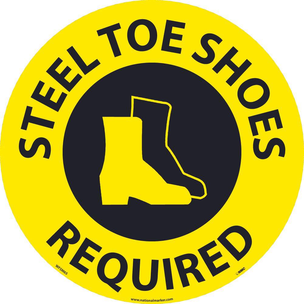 NMC - Adhesive Backed Floor Signs; Message Type: Restroom, Janitorial & Housekeeping ; Graphic Type: Boots ; Message or Graphic: Message & Graphic ; Legend: Steel Toe Shoes Required ; Color: Black; Yellow ; Special Color Properties: No Special Properties - Exact Tooling