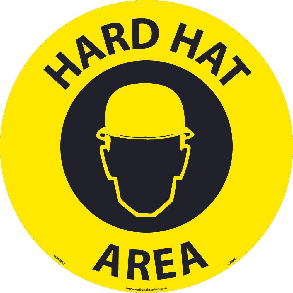 NMC - Adhesive Backed Floor Signs; Message Type: Accident Prevention ; Graphic Type: Head in Hard Hat ; Message or Graphic: Message & Graphic ; Legend: Hard Hat Area ; Color: Black; Yellow ; Special Color Properties: No Special Properties - Exact Tooling