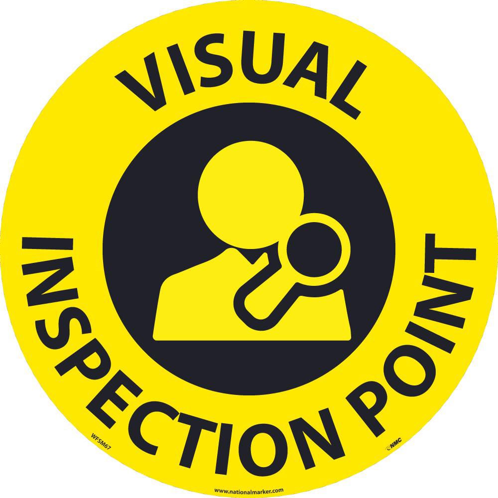 NMC - Adhesive Backed Floor Signs; Message Type: Restroom, Janitorial & Housekeeping ; Graphic Type: Man w/ Magnifying ; Message or Graphic: Message & Graphic ; Legend: Visual Inspection Point ; Color: Black; Yellow ; Special Color Properties: No Special - Exact Tooling