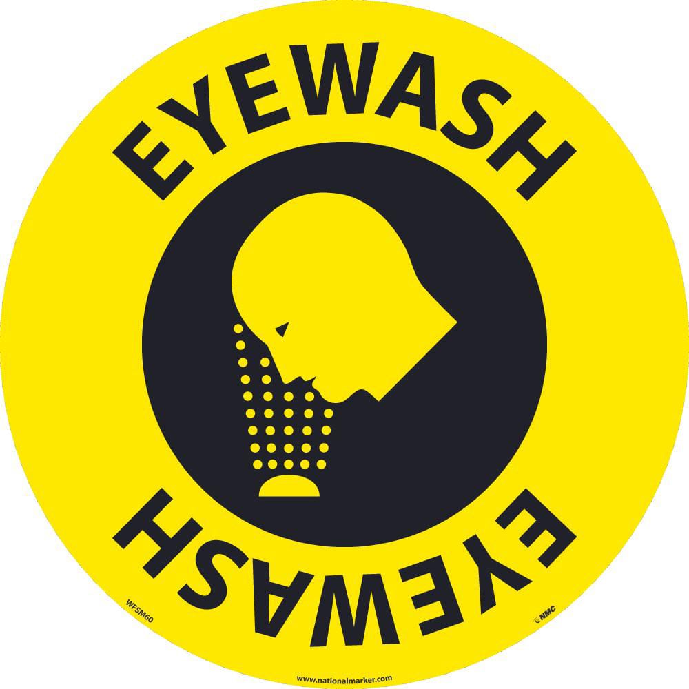 NMC - Adhesive Backed Floor Signs; Message Type: Restroom, Janitorial & Housekeeping ; Graphic Type: Head over Eye Wash ; Message or Graphic: Message & Graphic ; Legend: Emergency Eyewash ; Color: Black; Yellow ; Special Color Properties: No Special Prop - Exact Tooling