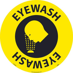 NMC - Adhesive Backed Floor Signs; Message Type: Restroom, Janitorial & Housekeeping ; Graphic Type: Head over Eye Wash ; Message or Graphic: Message & Graphic ; Legend: Emergency Eyewash ; Color: Black; Yellow ; Special Color Properties: No Special Prop - Exact Tooling