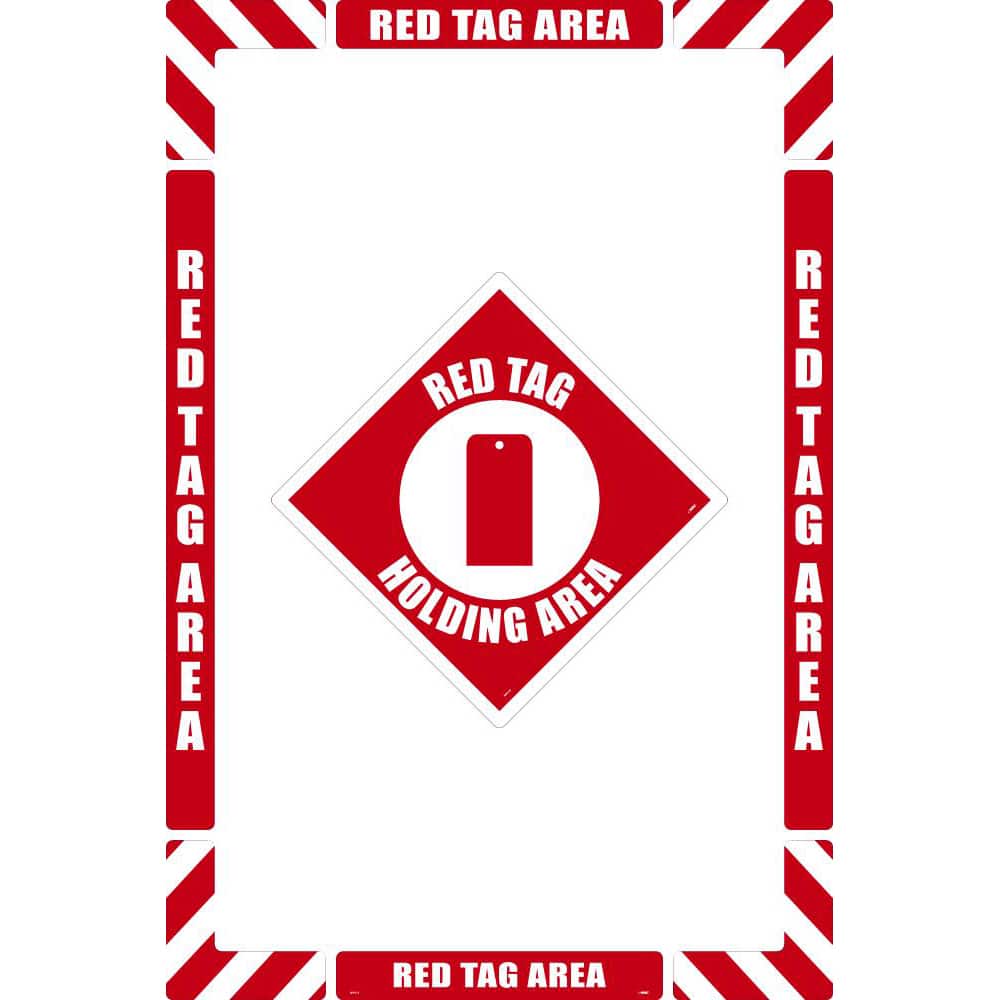 NMC - Adhesive Backed Floor Signs; Message Type: Restroom, Janitorial & Housekeeping ; Graphic Type: Red Tag ; Message or Graphic: Message & Graphic ; Legend: Red Tag Holding Area ; Color: Red; White ; Special Color Properties: No Special Properties - Exact Tooling