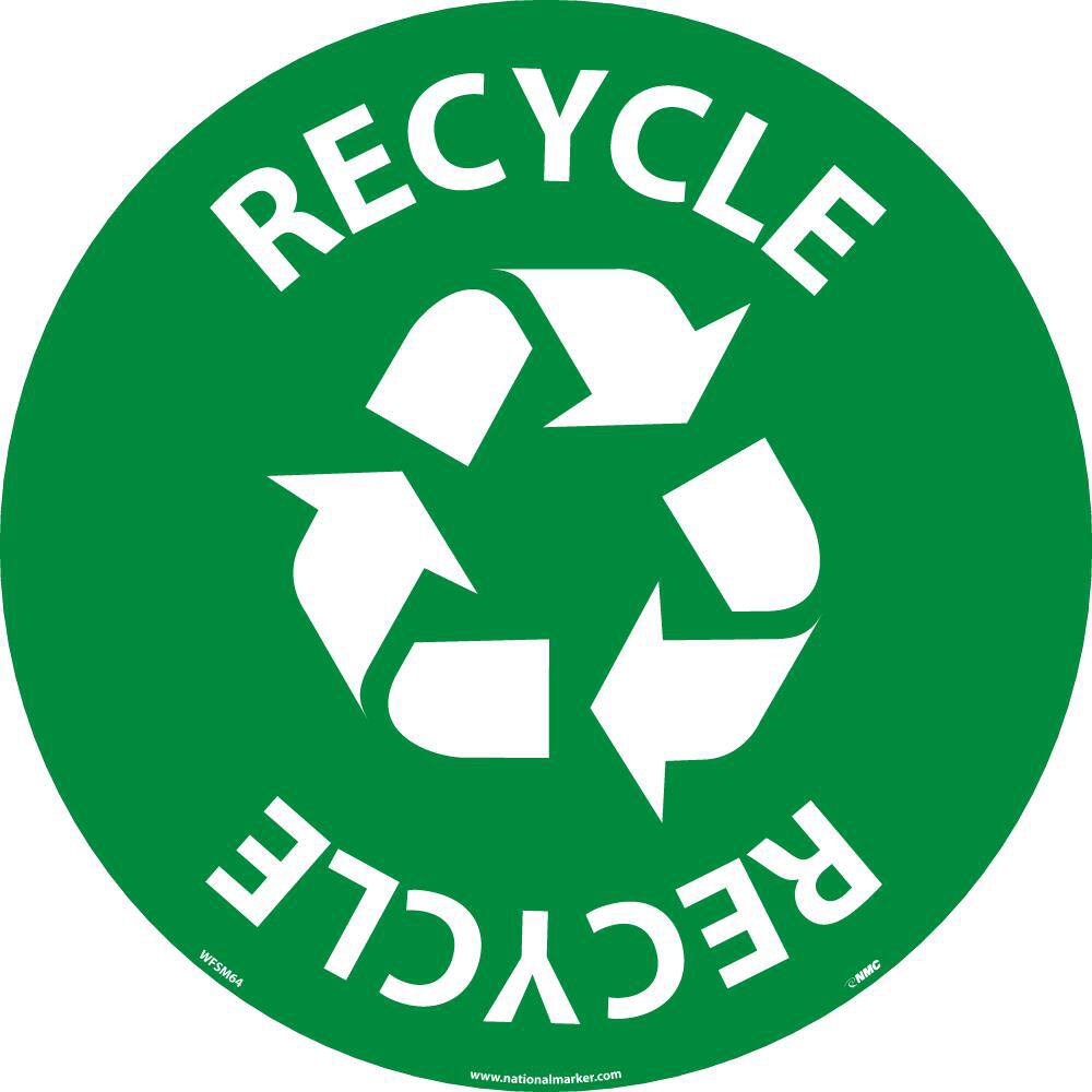 NMC - Adhesive Backed Floor Signs; Message Type: Restroom, Janitorial & Housekeeping ; Graphic Type: Recycling ; Message or Graphic: Message & Graphic ; Legend: Recycle Walk On Sign ; Color: Green; White ; Special Color Properties: No Special Properties - Exact Tooling