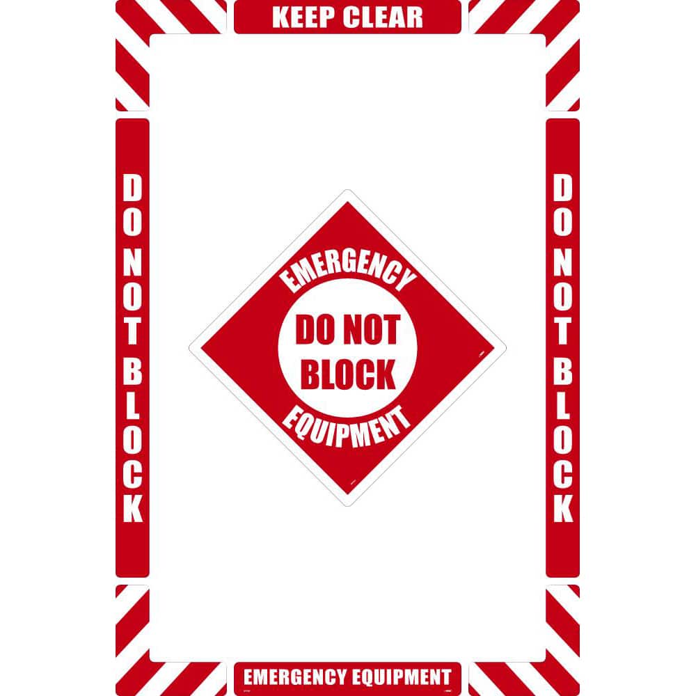 NMC - Adhesive Backed Floor Signs; Message Type: Accident Prevention ; Graphic Type: None ; Message or Graphic: Message Only ; Legend: Emergency Equipment Do Not Block ; Color: Red; White ; Special Color Properties: No Special Properties - Exact Tooling