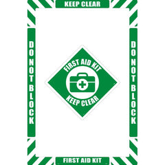 NMC - Adhesive Backed Floor Signs; Message Type: First Aid ; Graphic Type: First Aid Kit ; Message or Graphic: Message & Graphic ; Legend: First Aid Keep Clear ; Color: Green; White ; Special Color Properties: No Special Properties - Exact Tooling
