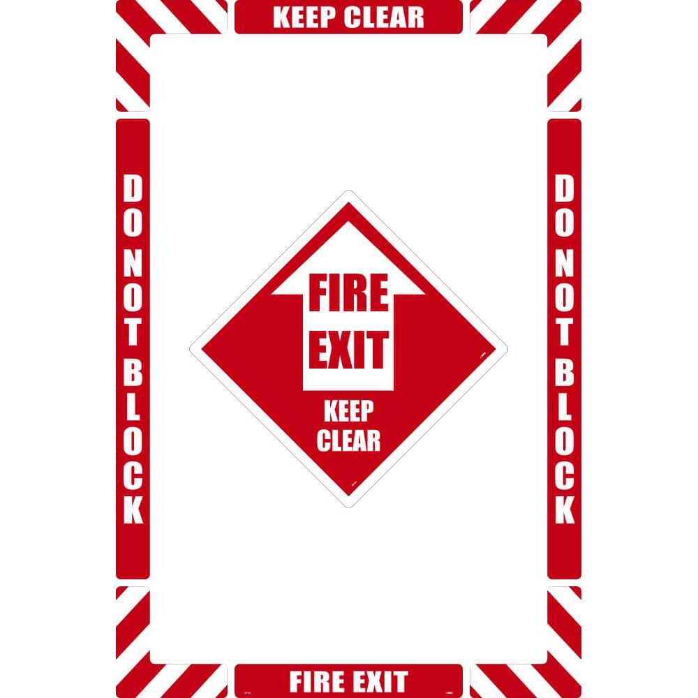 NMC - Adhesive Backed Floor Signs; Message Type: Accident Prevention ; Graphic Type: Arrow ; Message or Graphic: Message & Graphic ; Legend: Fire Exit Keep Clear ; Color: Red; White ; Special Color Properties: No Special Properties - Exact Tooling
