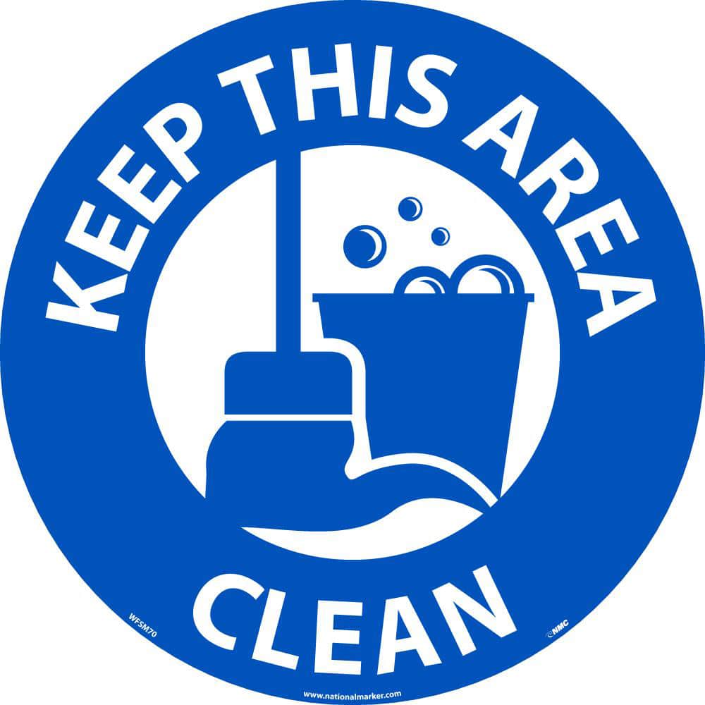 NMC - Adhesive Backed Floor Signs; Message Type: Restroom, Janitorial & Housekeeping ; Graphic Type: Mop Bucket ; Message or Graphic: Message & Graphic ; Legend: Keep This Area Clean ; Color: Blue; White ; Special Color Properties: No Special Properties - Exact Tooling