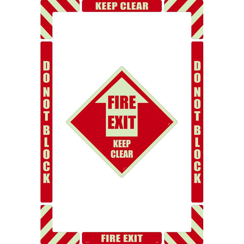 NMC - Adhesive Backed Floor Signs; Message Type: Accident Prevention ; Graphic Type: Arrow ; Message or Graphic: Message & Graphic ; Legend: Fire Exit Keep Clear ; Color: Red on Glow ; Special Color Properties: Glow-In-The-Dark - Exact Tooling