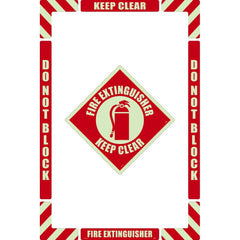 NMC - Adhesive Backed Floor Signs; Message Type: Accident Prevention ; Graphic Type: Fire Extinguisher ; Message or Graphic: Message & Graphic ; Legend: Fire Extinguisher Keep Clear ; Color: Red on Glow ; Special Color Properties: Glow-In-The-Dark - Exact Tooling