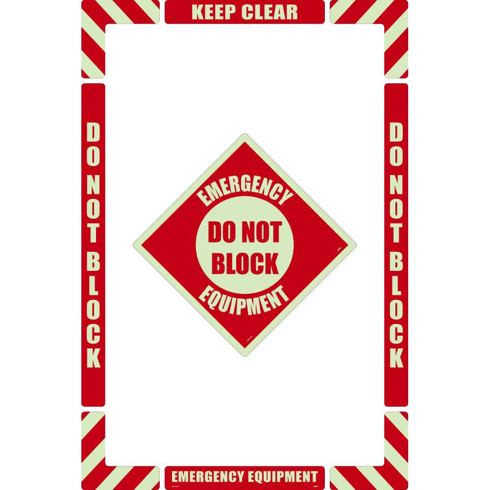 NMC - Adhesive Backed Floor Signs; Message Type: Accident Prevention ; Graphic Type: None ; Message or Graphic: Message Only ; Legend: Emergency Equipment Do Not Block ; Color: Red on Glow ; Special Color Properties: Glow-In-The-Dark - Exact Tooling