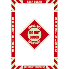 NMC - Adhesive Backed Floor Signs; Message Type: Accident Prevention ; Graphic Type: None ; Message or Graphic: Message Only ; Legend: Emergency Equipment Do Not Block ; Color: Red on Glow ; Special Color Properties: Glow-In-The-Dark - Exact Tooling