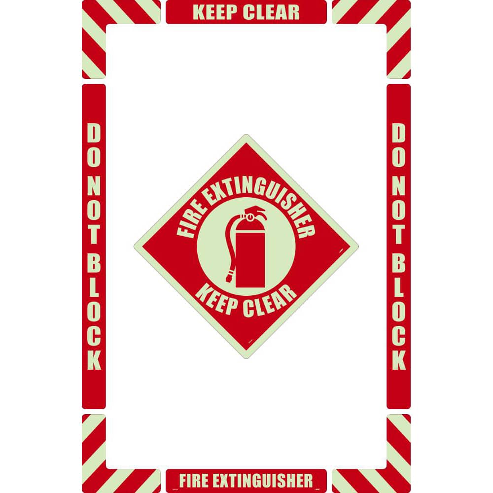 NMC - Adhesive Backed Floor Signs; Message Type: Accident Prevention ; Graphic Type: Fire Extinguisher ; Message or Graphic: Message & Graphic ; Legend: Fire Extinguisher Keep Clear ; Color: Red on Glow ; Special Color Properties: Glow-In-The-Dark - Exact Tooling