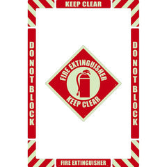 NMC - Adhesive Backed Floor Signs; Message Type: Accident Prevention ; Graphic Type: Fire Extinguisher ; Message or Graphic: Message & Graphic ; Legend: Fire Extinguisher Keep Clear ; Color: Red on Glow ; Special Color Properties: Glow-In-The-Dark - Exact Tooling