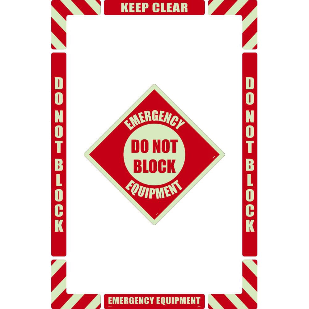 NMC - Adhesive Backed Floor Signs; Message Type: Accident Prevention ; Graphic Type: None ; Message or Graphic: Message Only ; Legend: Emergency Equipment Do Not Block ; Color: Red on Glow ; Special Color Properties: Glow-In-The-Dark - Exact Tooling