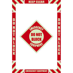 NMC - Adhesive Backed Floor Signs; Message Type: Accident Prevention ; Graphic Type: None ; Message or Graphic: Message Only ; Legend: Emergency Equipment Do Not Block ; Color: Red on Glow ; Special Color Properties: Glow-In-The-Dark - Exact Tooling
