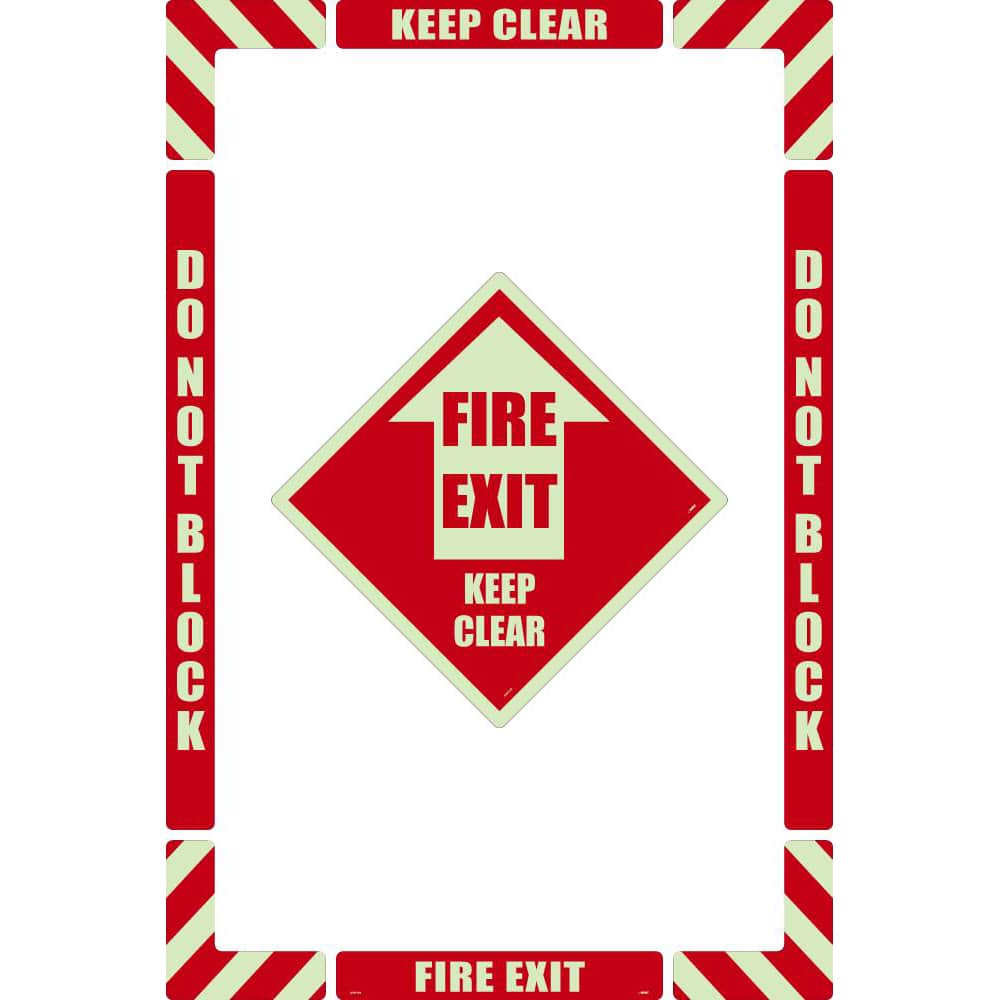 NMC - Adhesive Backed Floor Signs; Message Type: Accident Prevention ; Graphic Type: Arrow ; Message or Graphic: Message & Graphic ; Legend: Fire Exit Keep Clear ; Color: Red on Glow ; Special Color Properties: Glow-In-The-Dark - Exact Tooling